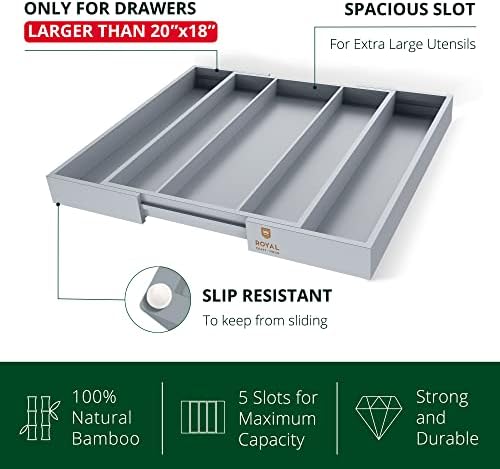ROYAL CRAFT WOOD Luxury Bamboo Kitchen Drawer Organizer - Silverware Organizer - Utensil Holder and Cutlery Tray with Grooved Drawer Dividers for Flatware and Kitchen Utensils (5 Slot, Gray)