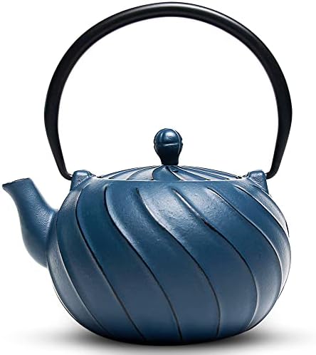 Tea Kettle, TOPTIER Japanese Cast Iron Teapot with Stainless Steel Infuser, Cast Iron Tea Kettle for Stove Top, Wave Design Teapot Coated with Enameled Interior for 30 Ounce (900 ml), Navy Blue