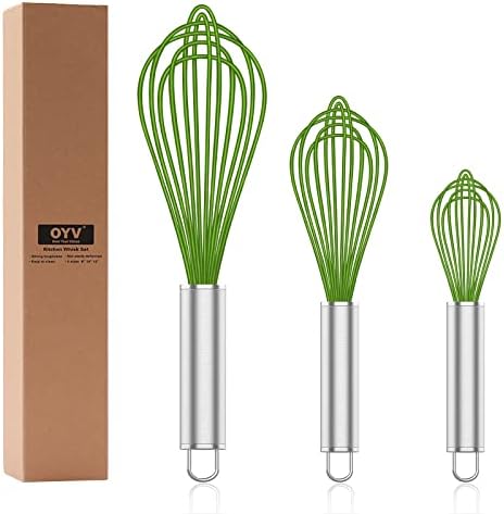 OYV Green Silicone Whisk Set of 3, 8/10/12 Inch, Non-Scratch