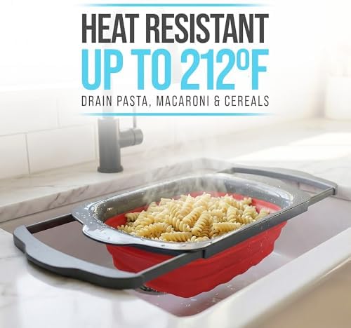 Comfify XL Large Kitchen Strainer - Collapsible Silicone Over-The-Sink Colander with Extendable Handles - Use with Pasta, Fruit, Berries & Veggie - 6 Quart - Red