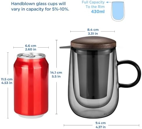 glastal Tea Infuser Mug 14.5oz Double-Walled Glass Teacup Infuser, Black