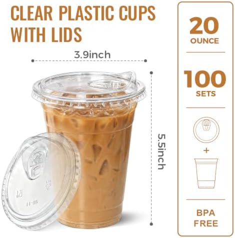 Ginkgo 100 Pack 20 oz Clear Plastic Cups with Strawless Sip Lids