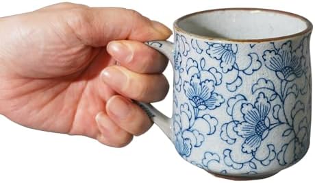 Nostalgic Mino Ware Ceramic Sometsuke Small Mug Cup - Japanese Crafted, Floral Pattern, Comfort Grip Handle, For Coffee and Green Tea or Soup, Matcha Tea, Gift Box Included (Arabesque)