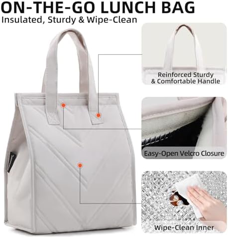 TELLUMO Quilted Beige Lunch Bag for Women, Cute Insulated Small Lunch Box, Reusable Leakproof Tote for Work Office