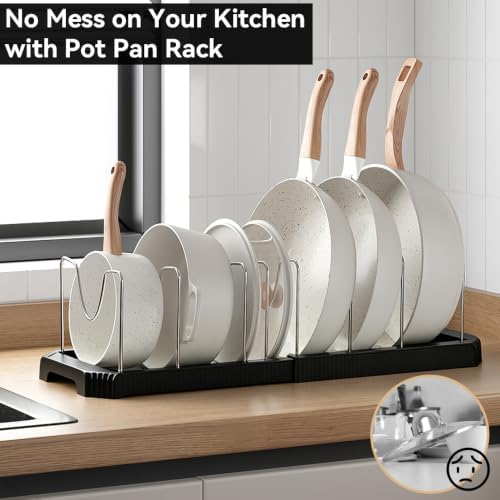 2 Pack Pots and Pans Organizer under Cabinet, Expandable Food Storage Container Lid Organizer with 7 Adjustable Stainless Steel Dividers, ABS Base, Countertop Rack, Black