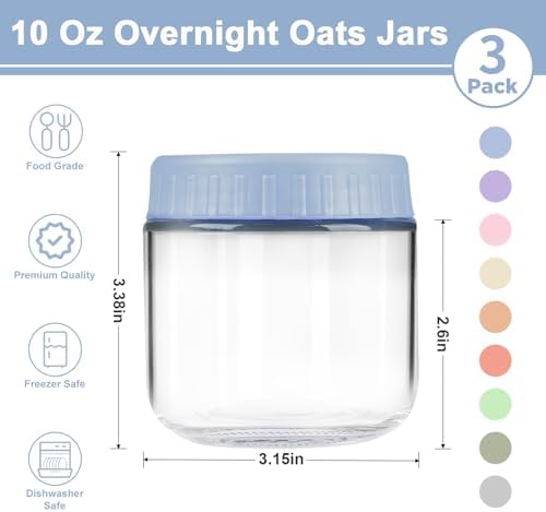 Overnight Oats Containers with Lids, 10oz Wide Mouth Mason Jars with Lids, 3 Pack Glass Jars with Airtight lid for Chia Pudding Yogurt Salad, Meal Prer Oatmeal Jars