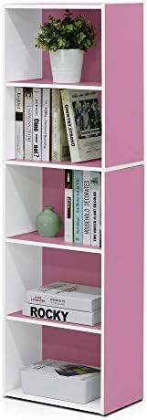 Furinno LUDER Book Shelf, 5-Tier Bookshelf, Bookcase with Open Shelves, 9.4 x 15.8 x 52, Easy Assembly, for Living Room, Bedroom, Home Office, White/Pink