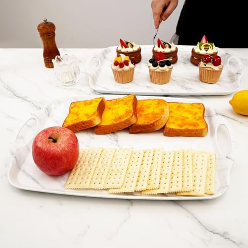 TP Melamine Serving Trays with Handles, 17” x 12”, Set of 2, White Marble