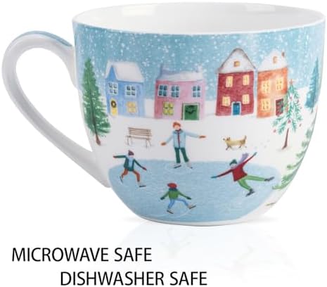 Christmas Skating Mug - 20 oz Bone China Winter Coffee Mugs with Snowy Village, Perfect Holiday and Birthday Gifts for Friends and Family - Designed in England by Harvest Green Studio