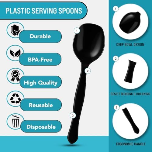8.5" Black Plastic Serving Spoons for Buffet, Bulk 144 Count, Heavy Duty Disposable Spoon, Large Plastic Serving Utensils for Catering Supplies, Events, Party, Weddings & More – C&S Event Supply Co.