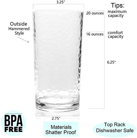 KX-WARE 14-ounce and 20-ounce Acrylic Glasses Plastic Tumbler, set of 8 Clear - Hammered Style, Dishwasher Safe, BPA Free