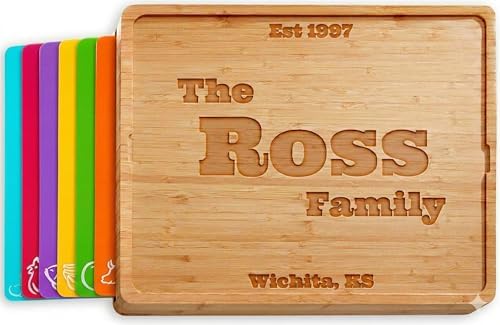 Personalized bamboo cutting board set, also called a custom engraved or monogrammed cutting board. Includes 6 color-coded flexible mats; add a name, date, or message.