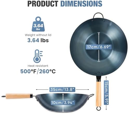 DUMOS 13.5" Carbon Steel Wok Pan, No Chemical Coating, Pre-Seasoned Flat Bottom Pow Wok for Family Meals and Camping, Compatible with Induction, Electric, Gas, Open Fire, Blue