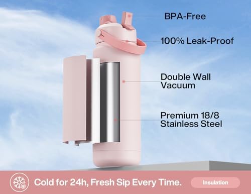 POWCAN 32 oz Insulated Water Bottle with 2-in-1 Straw and Spout Lid, Keep Cold 24H, Leak-Proof, BPA-Free, Double Wall Stainless Steel Water Bottle for Sports, Gym, Travel, and School (Cotton Candy)