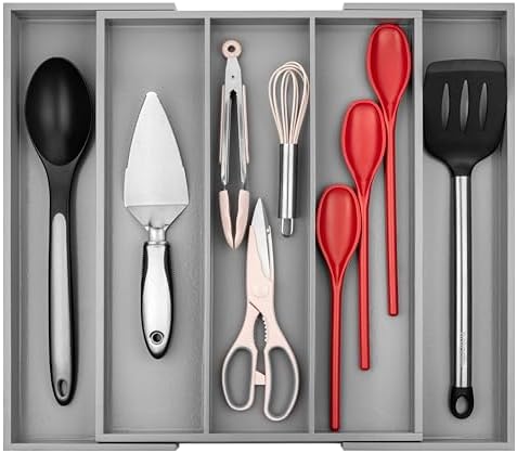 Purawood Kitchen Drawer Organizer - Expandable Utensil Drawer Organizer for Kitchen, Cutlery Tray & Silverware Organizer, 3-5 Slots - Bamboo Organizer for Utensils & Flatware (Grey)