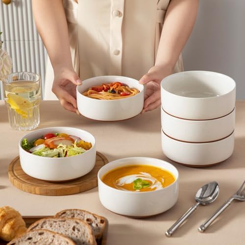 MALACASA Cereal Bowls Set of 6,24 OZ Ceramic Bowls for Kitchen,Khaki White