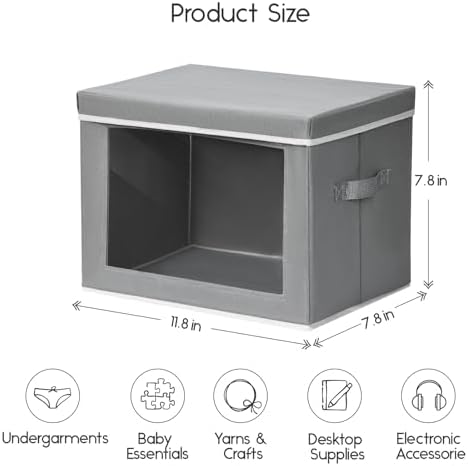 Homsorout Storage Bins with Lids - Small Fabric Organizers with Window, Collapsible Storage Bins for Clothes, Decorative Closet Organizers for Towels, Tshirt, 4 Pack, Grey