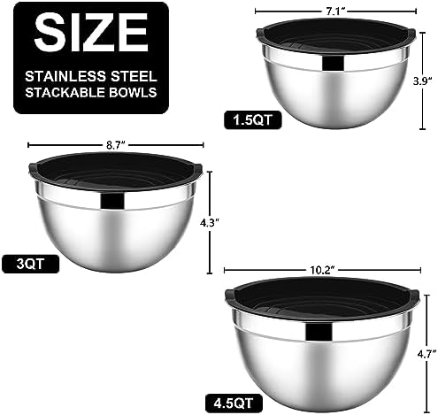 E-far Mixing Bowls with Lids Set, 6-Piece Stainless Steel Salad Bowls