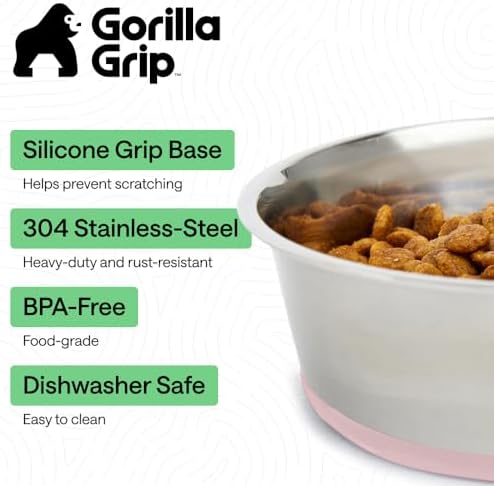 GORILLA GRIP Dog Bowls, Food Grade Stainless Steel, Set of 2, 8 Cup, Pink