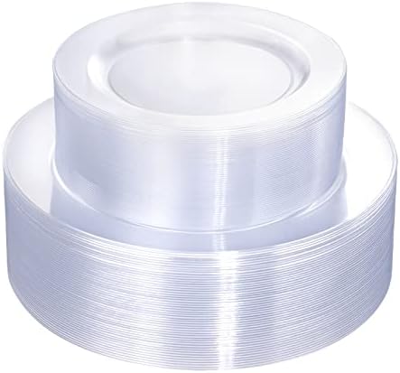 FLOWERCAT 100PCS Clear Plastic Plates - Heavy Duty Clear Disposable Plates for Fall Party/Wedding/Christmas - Include 10inch & 7inch Dinner/Dessert Plates for 50guests