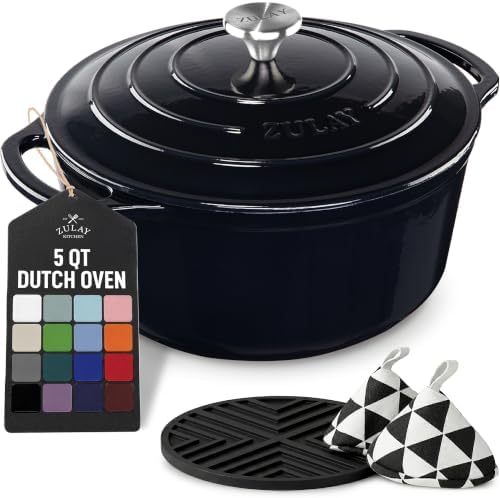 Zulay Kitchen 5 Quart Enameled Cast Iron Dutch Oven Pot with Lid – Premium Durability & Oven Safe up to 500°F – Heavy Duty Cookware Perfect for Bread Baking, Stews, Braising & Roasting – Black
