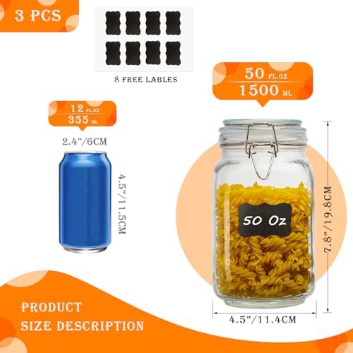 50oz Square Glass Food Storage Jars with Airtight Clamp Lids 3 Pack