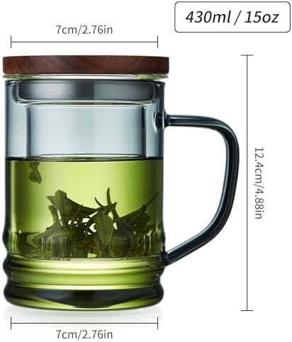 Unbreakable Glass Tea Cup with Infuser and Lid 14.5 fl oz, Heat Resistant Borosilicate Glass Tea Infuser Mug for Blooming and Loose Leaf Tea, Gas Stovetop Safe