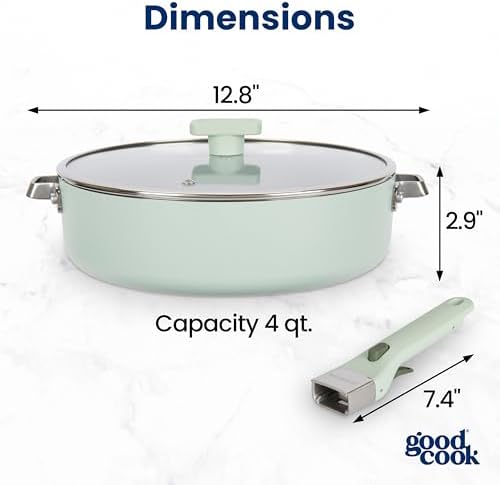 GoodCook Ceramic Deep Saute Pan Skillet with Removable Handle & Lid, Induction Compatible, Nonstick and Oven Safe, 4-Quart, Sage Green