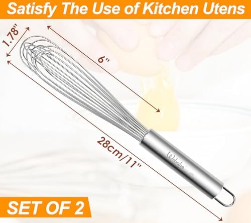 Webake 11" Stainless Steel French Whisk French Whip for Professional or Home, 304 Metal Whisk Set of 2