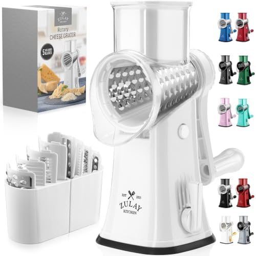Rotary Cheese Grater Manual Hand Crank 5 Blade Shredder, White
