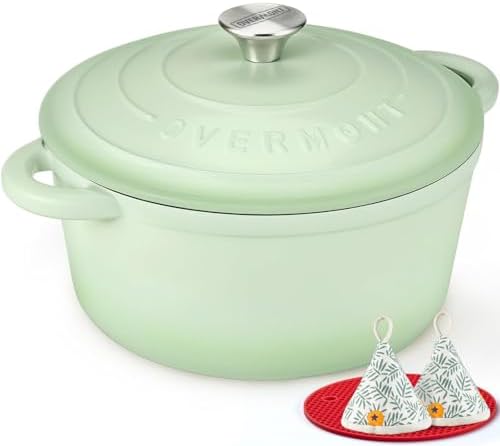 Overmont Enameled Cast Iron Dutch Oven - 7QT Pot with Lid Cookbook & Cotton Potholders - Heavy-Duty Cookware for Braising, Stews, Roasting, Bread Baking Verdant
