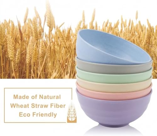 Large Soup Bowls 60oz, Unbreakable & Stackable Wheat Straw Bowls Sets of 6, Large Serving Bowl for Ramen, Popcorn, Salad, Pho, Microwave Safe Kitchen Bowls for Camping, Dorm, Party - Colorful