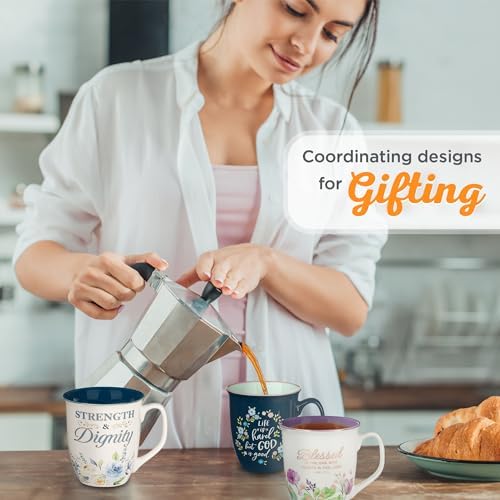 Christian Art Gifts Large Ceramic Inspirational Scripture Coffee & Tea Mug for Women: Strength & Dignity Encouraging Golden Bible Verse, Non-toxic Lead/Cadmium-free Cup, White & Blue Floral, 14 oz.