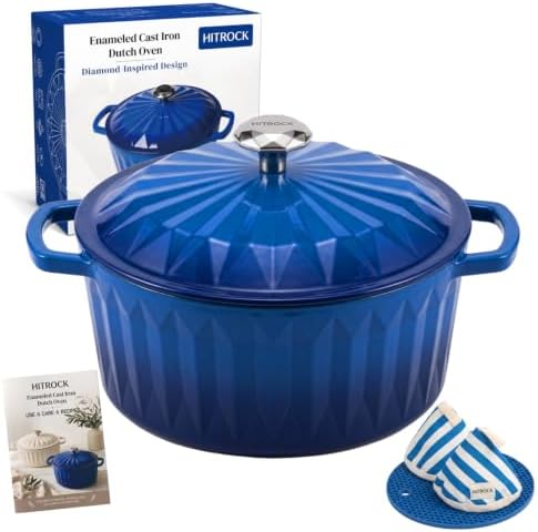 HITROCK Enameled Cast Iron Dutch Oven Pot with Lid,4.9 Quarts Enamel Cast iron Pot with Cotton Potholders for Bread Baking, Braising, Stews, Roasting, Diamond-Inspired Design, Oven Safe up to 500° F, Blue