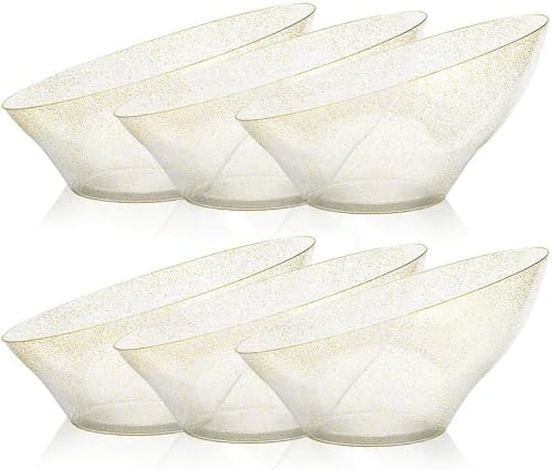 BESTVIP 54 Oz Clear with Gold Glitter Plastic Angled Serving Bowls, 12 Pack