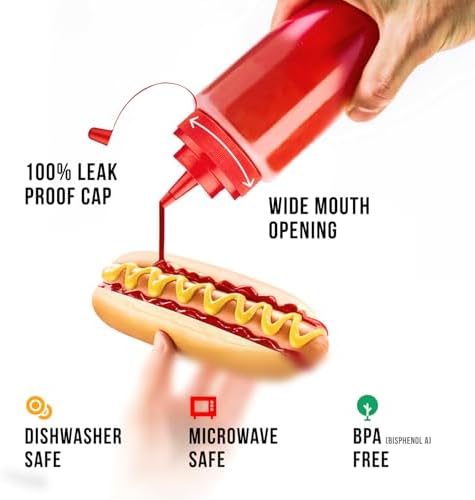 Norcalway 16 oz Condiment Squeeze Bottles for Sauces - Leak Proof - 6 Pack