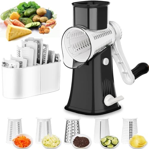 Rotary Cheese Grater Shredder 5-in-1 Tumbling Box Mandoline Vegetable Julienne Slicer Waffle Cutter Nut Chopper, Black