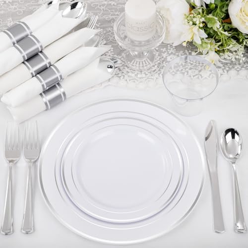 WELLIFE 210 Piece Silver Plastic Dinnerware Set for 30 Guests, Include: 30 Dinner Plates, 30 Dessert Plates, 30 Pre Rolled Napkins with Silverware and 30 Silver Cups