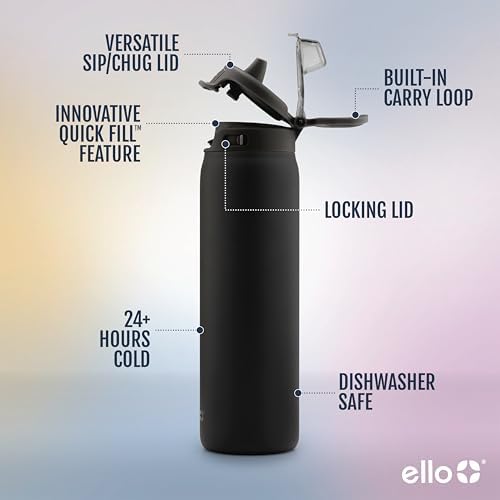 Ello Pop & Fill Insulated Stainless Steel Water Bottle with Quick Fill Lid, Leakproof Locking, Sip or Chug Spout, BPA-Free, Double Wall Vacuum Insulated for Sports, Travel & School- 22oz / 32oz / 40oz