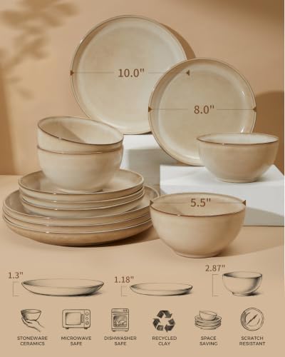 Pokini Stoneware Dinnerware Sets for 4, 12pcs Plates and Bowls Sets Dishes