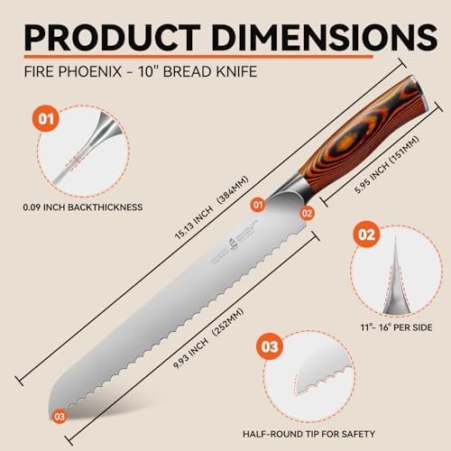 TUO Bread Knife, 10 inch Upgraded Serrated Knife for Homemade Sourdough Bread, High Carbon German Steel with Pakkawood Handle, Gift Box - Fiery Phoenix Series
