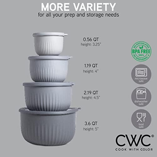 COOK WITH COLOR Prep Bowls with Lids- Wide and Deep Nesting Plastic Small Mixing Bowl Set with Lids, 8 Piece Set - Deep Bowls, Gray