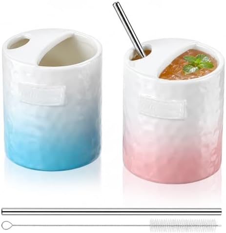 2 Pack Ceramic Coffee Mug with Sip Hole, Gradient, Pink, Blue