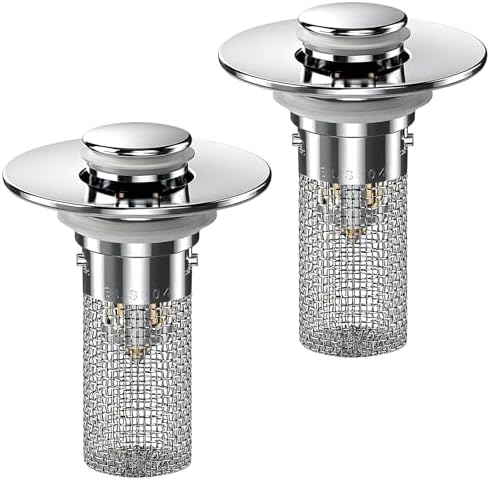 2PCS Bathroom Sink Stopper Hair Catcher, Pop Up Sink Drain Stopper with Strainer & Filter, Universal Drain Plug for Sink Drain & Replacement, Sink Drain Cover with Basket for Bathroom Stopper