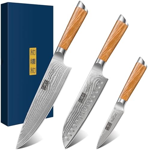HOSHANHO Damascus Kitchen Knife Set 3PCS, Sharp Chef/Santoku/Fruit Knives