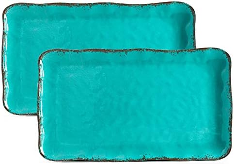 LEHAHA Vintage Melamine Serving Tray Set, Rectangular Large Serving Trays/Platters Set for Serving Food, BPA Free Food Serving Platters and Trays, Set of 2, 17.5"x 10", Teal