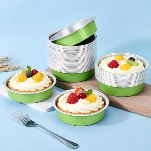 Beasea Mini Pie Tart Pans, 100 Pack 7.3oz 215ml Disposable Baking Cups Only, 4" Mini Ramekin No Lids Aluminum Foil Ramekins Cupcake Baking Tart Tin Pan for Cheesecake Pie - Matcha Green