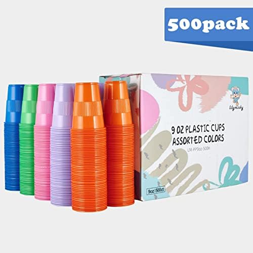 Lilymicky 500 Pack 9 oz Disposable Plastic Cup in 5 colors, Great for Party