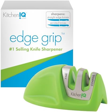 KitchenIQ 50881 - Edge Grip 2-Stage Knife Sharpener - Green - Coarse & Fine Sharpeners -Compact for Easy Storage - Stable Non-Slip Base - Soft Grip Rubber Handle - Straight & Serrated Knives