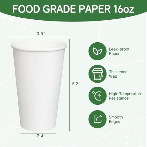 Coffee Cups 16 oz 200 Pack, Disposable Paper Cups for Hot Beverage Drinking, White Hot Cups Suitable for Party, Picnic, Travel, and Events